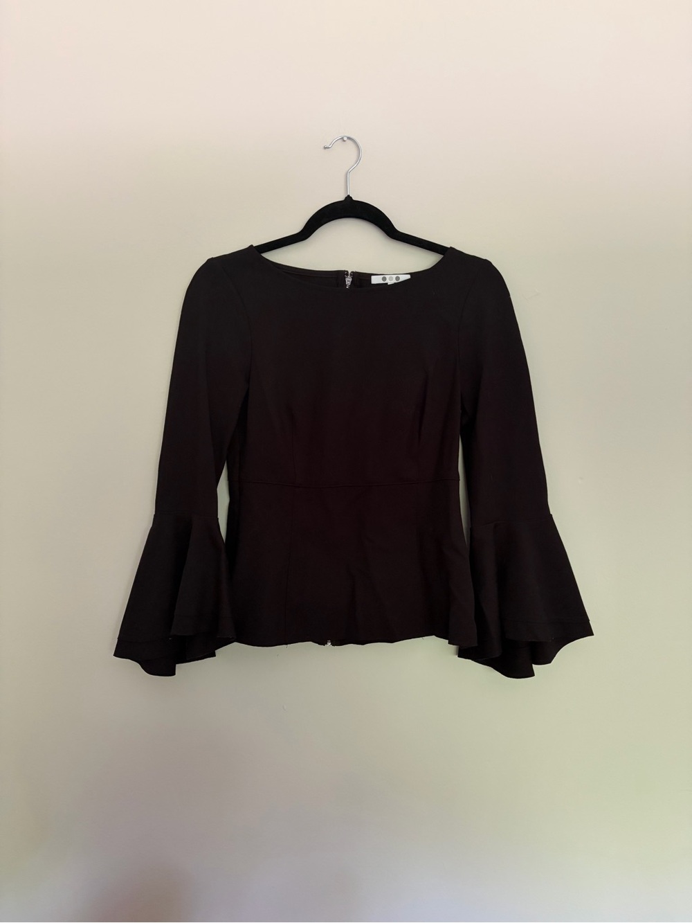 Three Dots Black Boatneck Bell Sleeve Peplum Top/Blouse